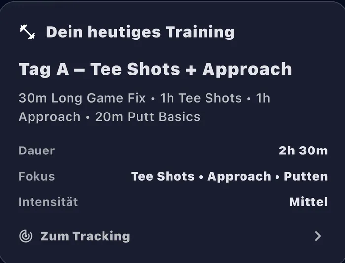 App-Karte „Dein heutiges Training“ mit Tagesplan, Dauer, Fokus und Intensität