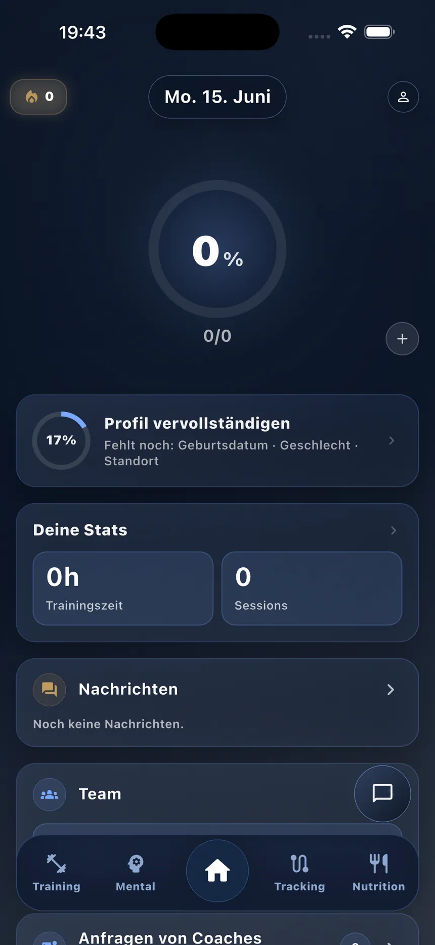 Athlete App Dashboard mit Readiness- und Belastungswerten