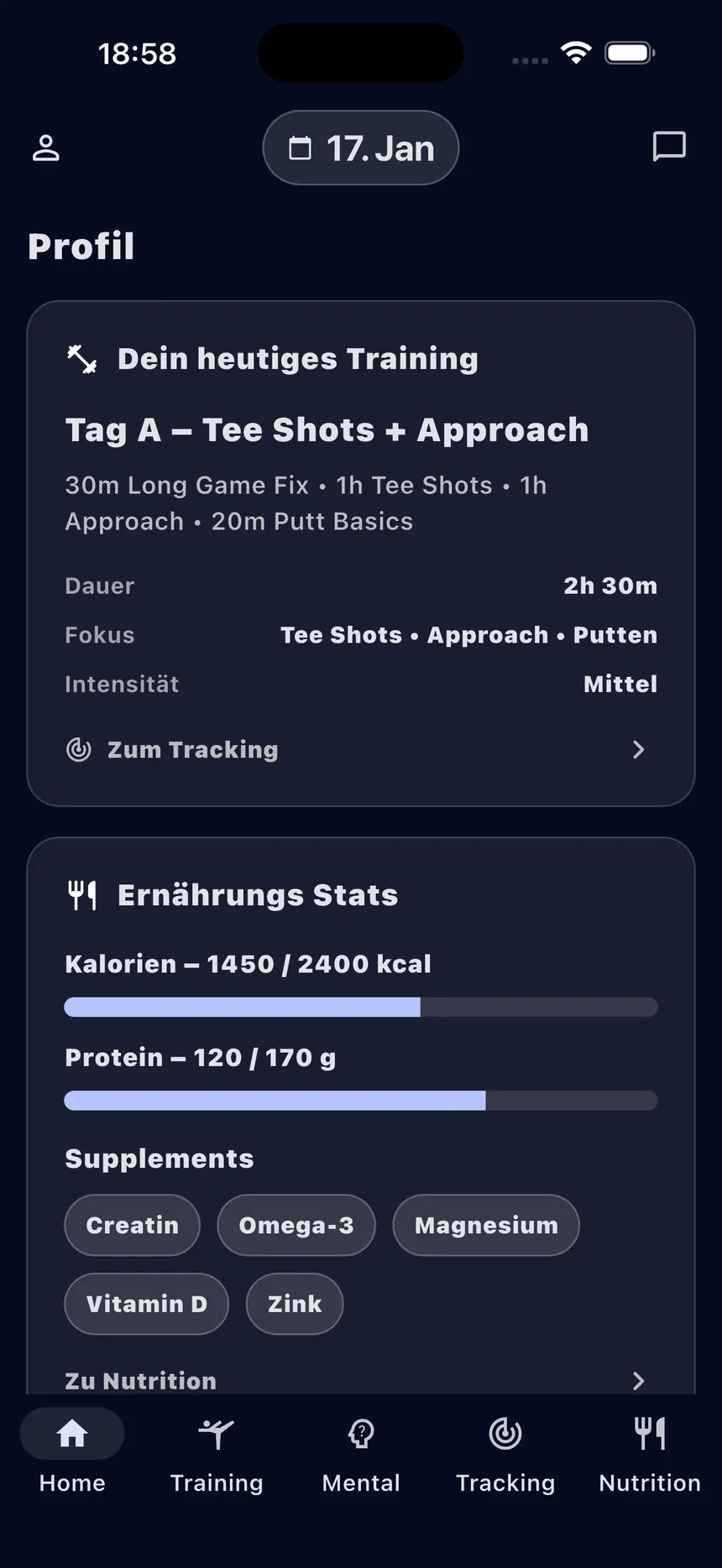 Athlete App: Startbildschirm mit heutigem Training und Ernährungs-Statistiken